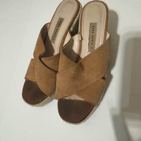 ZARA Women's Tan Suede Espadrille Sandals SZ 38/7.5 block platform heels slip on - Picture 3 of 6